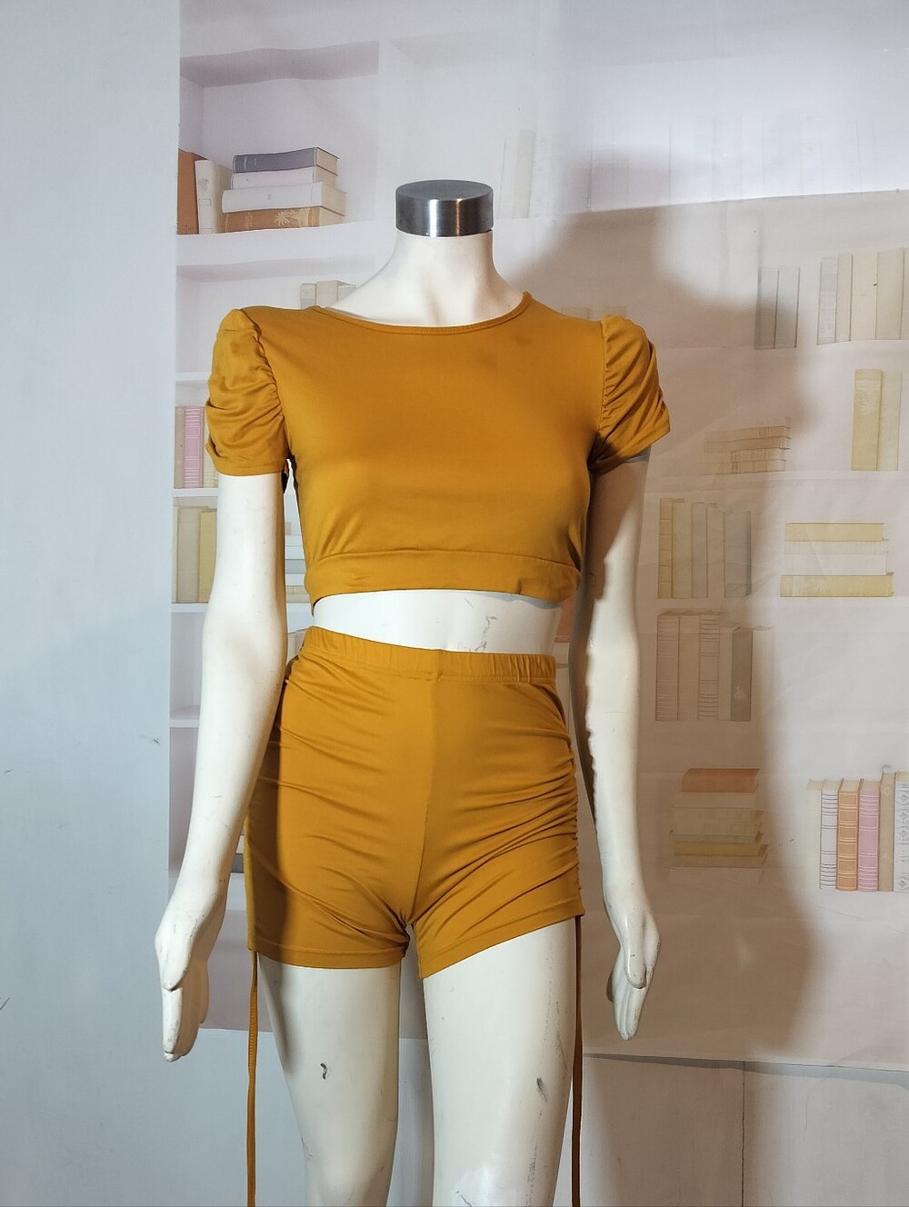 High-Waist Ruched Bike Shorts — Mustard